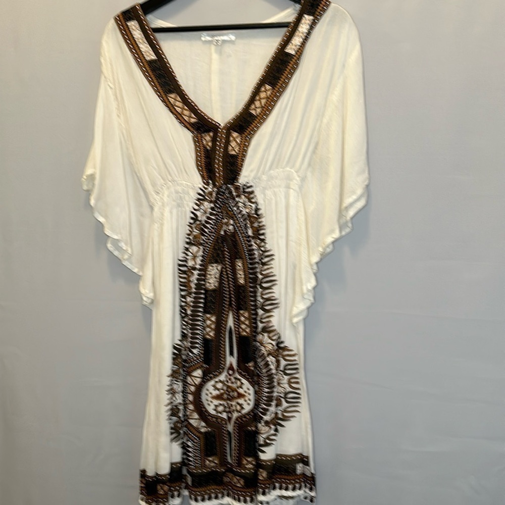 Sopogee Womens Dress Tribal Festival Boho V-Neck Elastic Waist Lined Gauzy Sz M - Picture 2 of 14